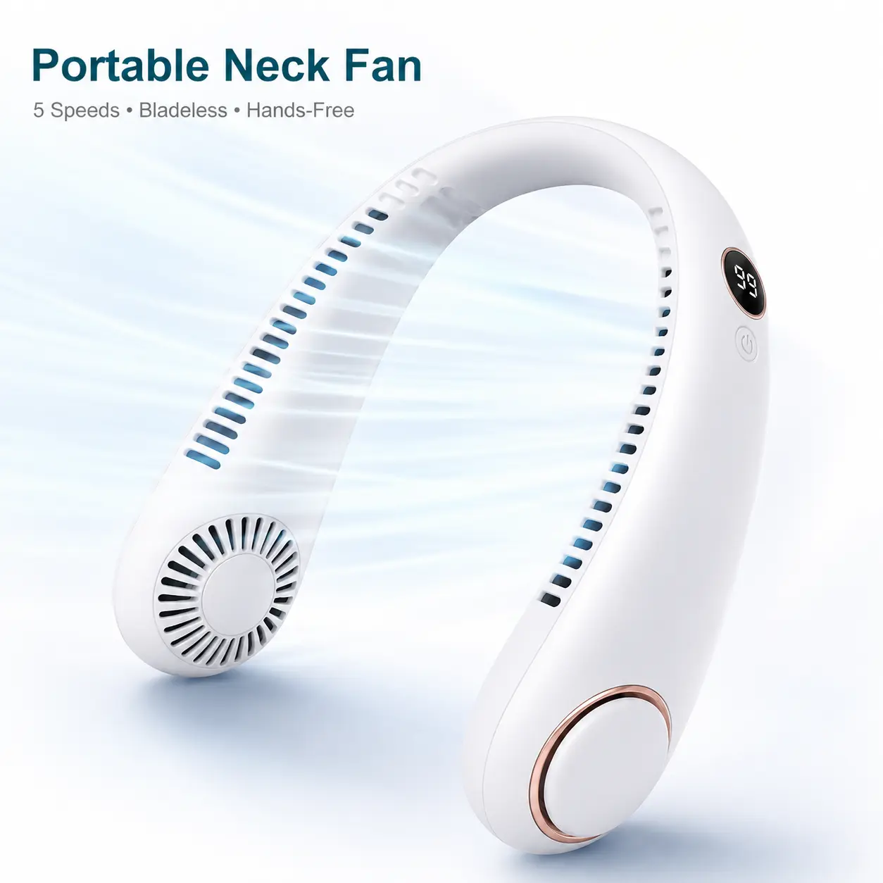 USB Rechargeable Neck Fan with Digital Display, 5-Speed Adjustable Airflow Hands-Free Wearable Fan for Outdoor Sports, Travel, Work & Daily Cooling