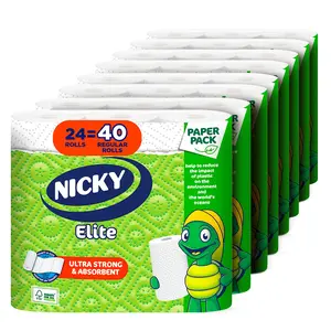 Nicky Elite Adapt-A-Size Kitchen Paper Towels, 24 Large Rolls (Equals 40 Regular Rolls), Plastic-Free Paper Wrap, Ultra Strong & Absorbent Home Care Supplies