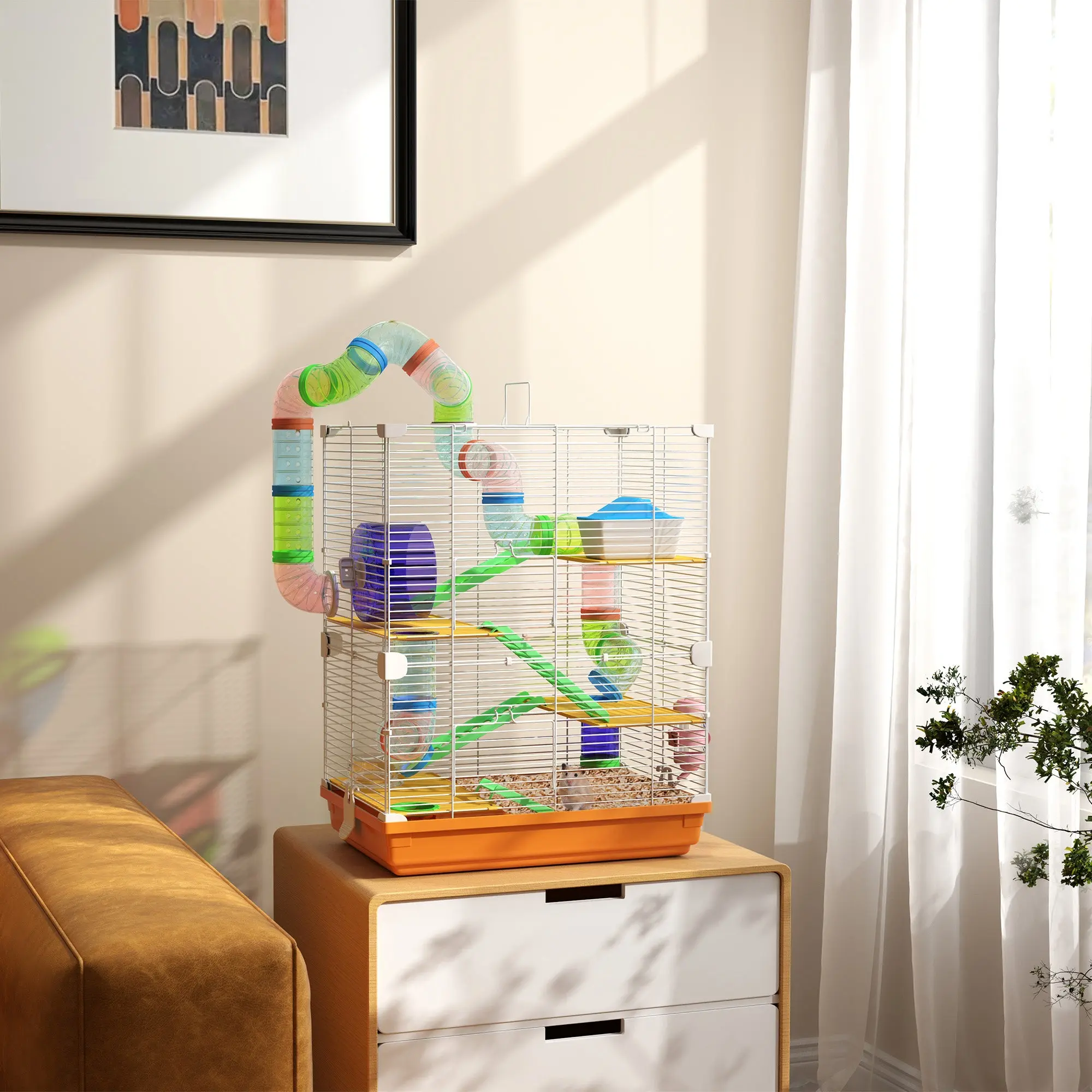 Multi-Level Hamster Cage, Portable Size Small Animal Habitat with Tubes, Exercise Wheel