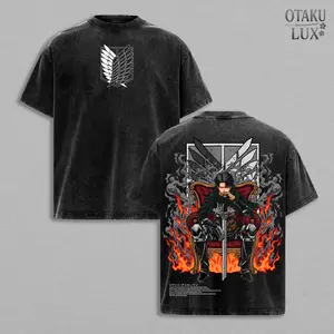 Attack on Titan Levi Ackerman Oversize Anime T-Shirt, Vintage Washed Heavyweight Graphic Tee, Scout Regiment Streetwear, Manga Aesthetic Y2K Otaku Menswear, Anime Fan Apparel