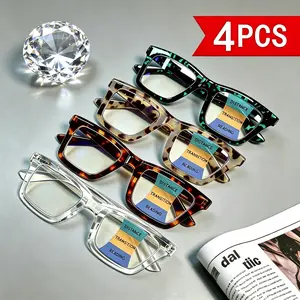 Unisex 4-Pack Full Rim Square Oversized Frame Blue Light Reading Glasses Multi-Focus Resin Lenses Spring Hinges Eye Strain Relief for Home Office & Commuting Stylish Gift Pack progressive