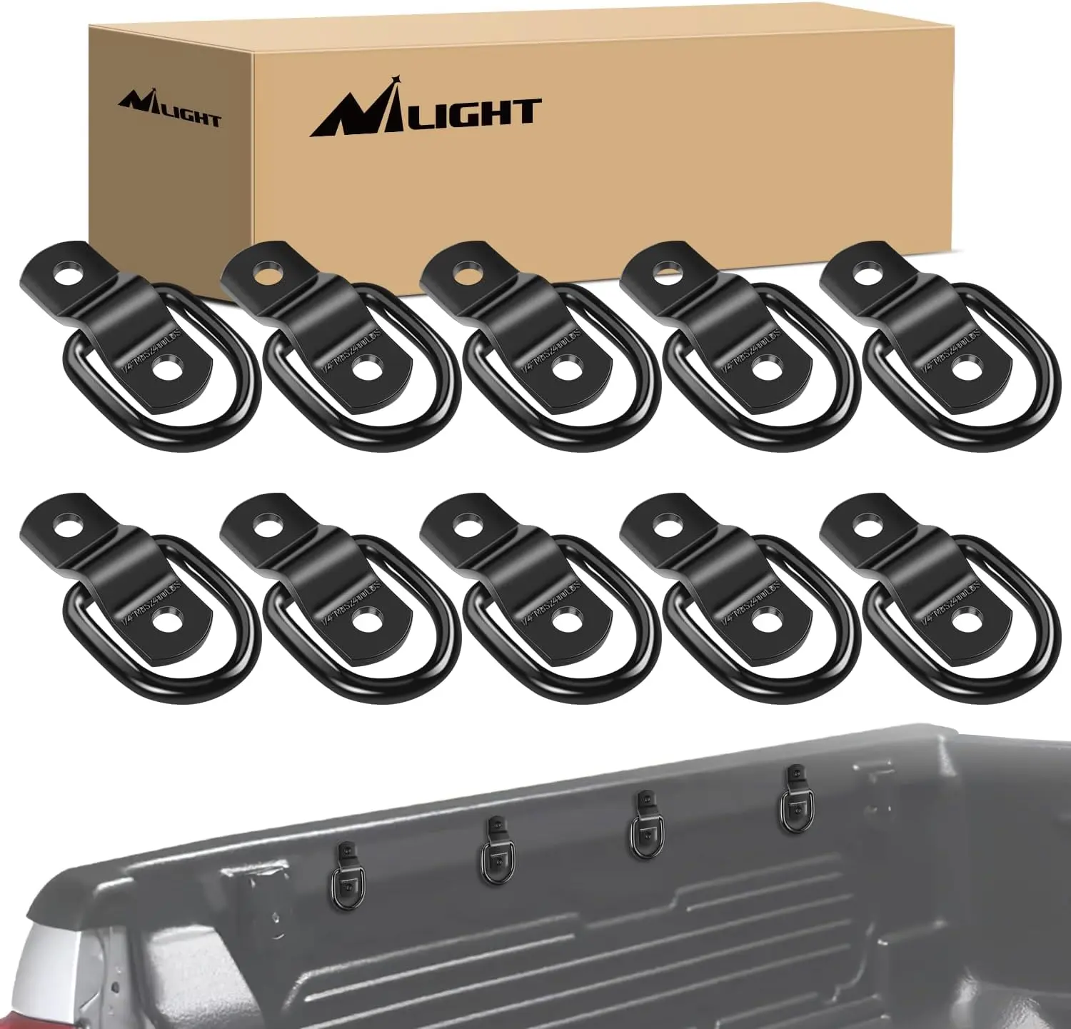 Nilight 10-Piece 1/4-Inch Stainless Steel D-Ring Tie Downs with Screws, Heavy-Duty 2400-lb Capacity for SUV, Bike, Trailer, Kayak Cargo Securing in Car Truck Bed, Power Sport Vehicles