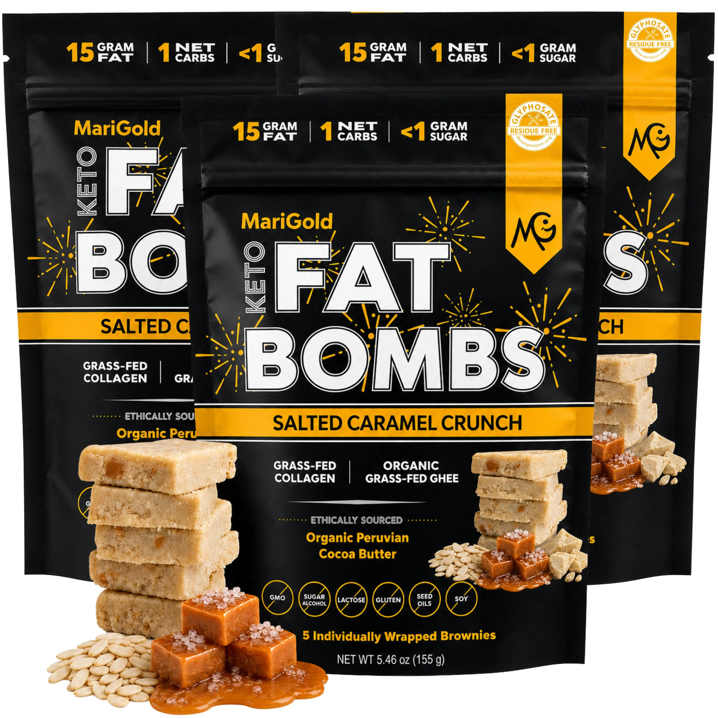 MariGold Keto Fat Bombs, Salted Caramel Crunch, 3-Pack (15 Bars) – Low Carb, Low Sugar, Collagen-Rich, Organic Cocoa Butter, Grass-Fed Ghee, Non-GMO Protein Snacks
