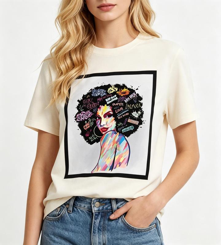 Women's Pure Cotton Crew Neck Fitted Short Sleeve Graphic T-Shirt - Beige, Comfortable Fabric, Colorful Afro Art, Black Girl Magic, Beach Style Tops for Women, Breathable Casual Tee #sohochic