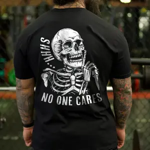 Shhh... No One Cares Skeleton Print Men's T-Shirt, Top Menswear Cotton Tee Shirt, Unisex Fashion, Soft Fabric, ShortSleeve, Regular Fit, Casual Streetwear