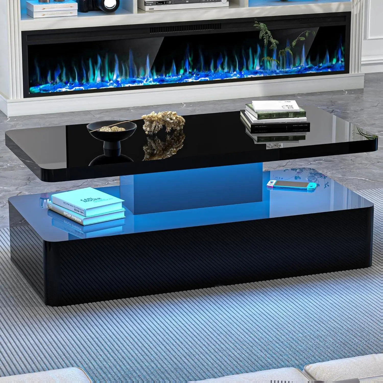 Dragosum Contemporary Coffee Tables for Living Room, LED Coffee Table with Rounded Corner in 16 Colors, High Gloss 2 Tiers Table with Hidden Power Supply summervibes Modern Furniture,summerwins