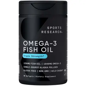 Sports Research Triple Strength Omega 3 Fish Oil - Burpless Fish Oil Supplement w/ EPA & DHA Fatty Acids from Wild Alaskan Pollock - 1250 mg, 90 ct