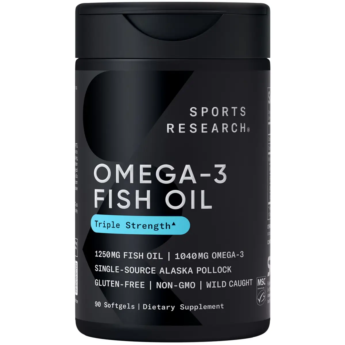 Sports Research Triple Strength Omega 3 Fish Oil - Burpless Fish Oil Supplement w/ EPA & DHA Fatty Acids from Wild Alaskan Pollock - 1250 mg, 90 ct