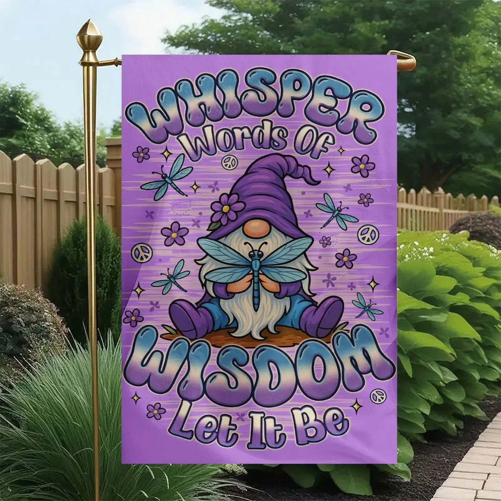 Whisper Words Of Wisdom Let It Be Gnome Dragonfly Peace Sign Double Sided Garden Flag 12x18in, Outdoor Yard Farmhouse Decor