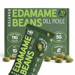 Rēl Snacks Dill Pickle Crunchy Roasted Edamame Beans 0.9OZ 10 Pack Protein Fiber High Protein Low Carb Keto Friendly Snack