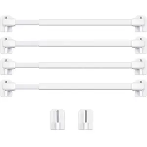 4 Pieces Extendable Curtain Rod Cupboard Bars Tensions Adjustable Plastic With 10 Self Adhesive Hooks For Home Bathroom Hotel Supply(15.7 To 27.5 Inch White)