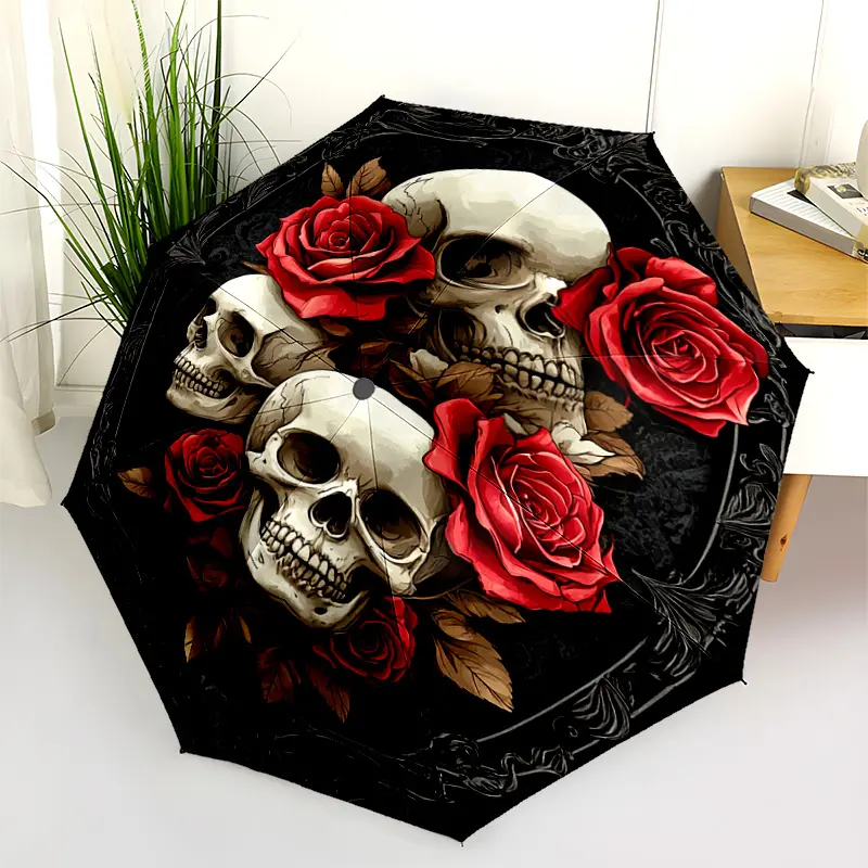 1 PC Automatic Folding Umbrella - Skulls and Roses Gothic Artwork Pattern, Portable & Foldable Design with 8 Ribs, Merry Christmas Pattern,Casual Outdoor Accessory Halloween and Christmas Birthday Gifts. G0014