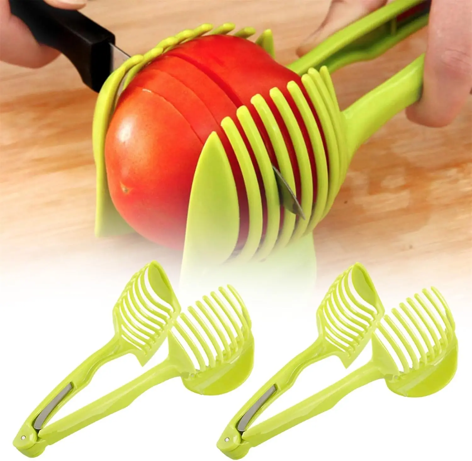 2024 Upgraded 2-Piece Plastic & Stainless Steel Round Blade Tomato Slicer with Finger Guard, Kitchen Utensil for Handles Tomatoes & Lemons, Strawberries - Effortless Precision Cutting Vegetable Fruit Cutter