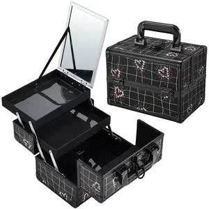 Joligrace Makeup Train Case 2 Trays Cosmetic Box Portable Makeup Case Organizer with Mirror 2 Trays Key Lock Makeup Box Organizer Storage