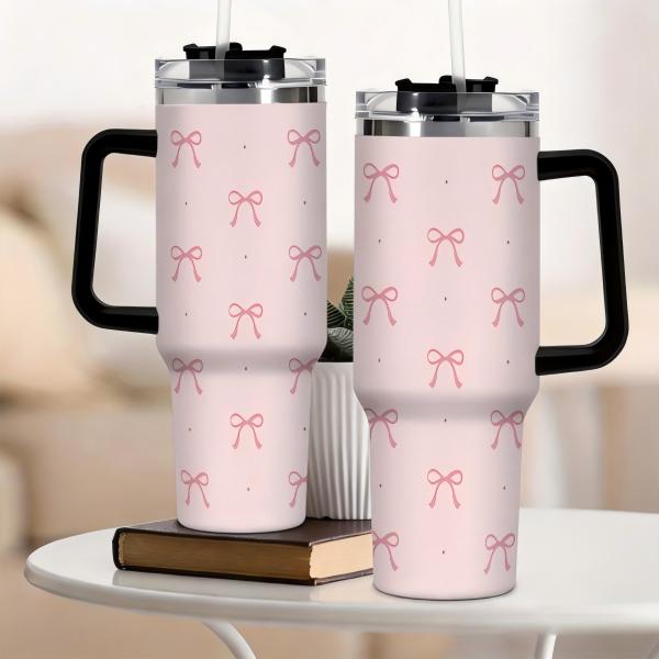 40oz Pink Bow Coquette Tumbler with Handle, Insulated Stainless Steel Travel Cup, Cute Reusable Coffee Mug with Straw & Lid, Gift for Women