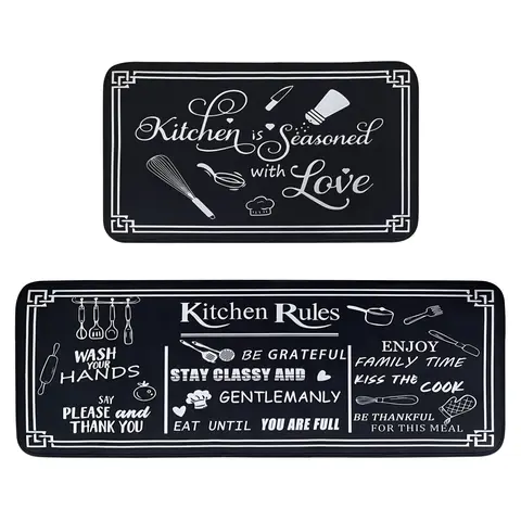Kitchen Rugs,Non Skid Washable Microfiber mats for Kitchen Floor, Multiple Colour Kitchen Rules Theme Kitchen Cushioned Runner Rug Decor Sets of 2,Size 17"x 47"+17"x 30"