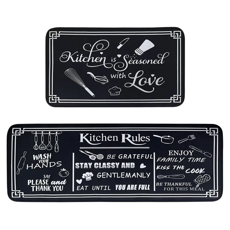 Kitchen Rugs,Non Skid Washable Microfiber mats for Kitchen Floor, Multiple Colour Kitchen Rules Theme Kitchen Cushioned Runner Rug Decor Sets of 2,Size 17"x 47"+17"x 30"