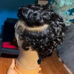 Chioma Wig Machine Made Pixie Curly Wig Natural Black 100% Raw Human Hair Wig Without Lace for Black People