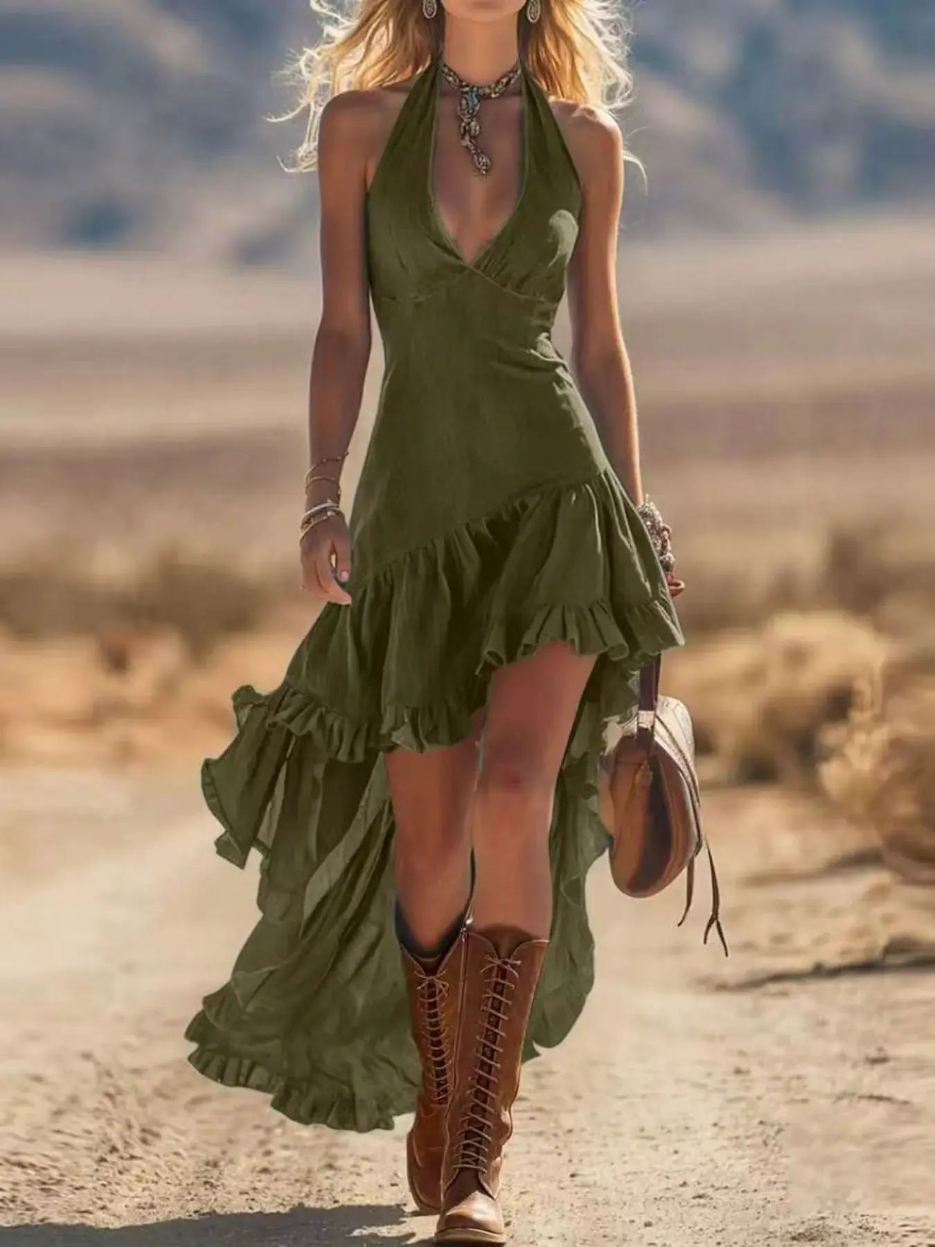 2026 New Women American Western Style Halter Sleeveless Midi Dress Deep V Neck Asymmetrical Ruffled High Low Hem Slim Fashion Summer Vacation Party Dresses