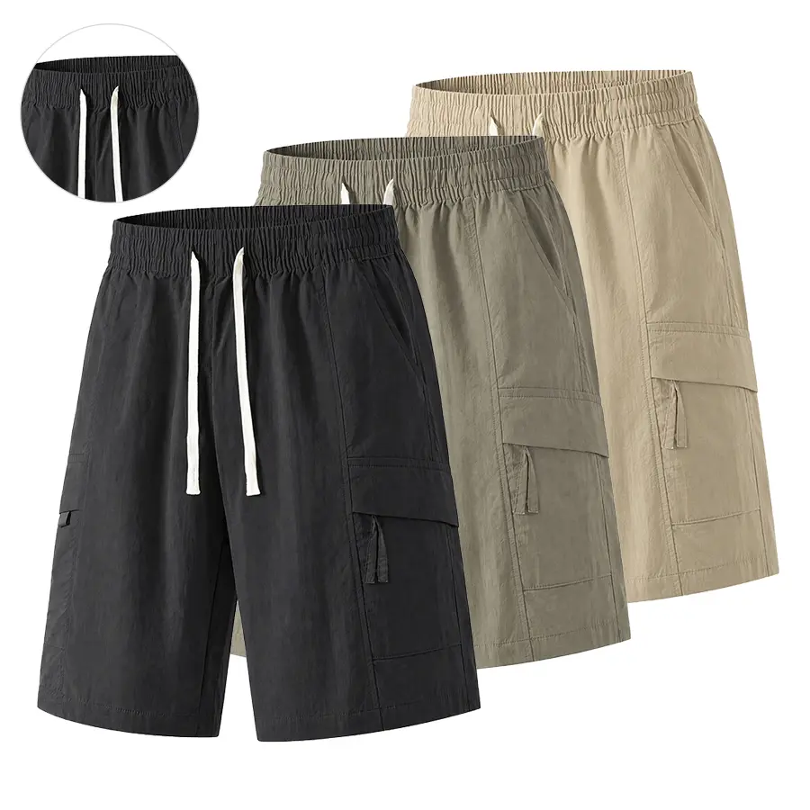 Men’s ice silk cargo shorts, new for summer—lightweight nylon fabric that is breathable and quick-drying. Mid-length shorts with a loose, high-waisted fit and drawstring; multi-pocket design for versatile casual wear. Suitable for everyday commuting and o
