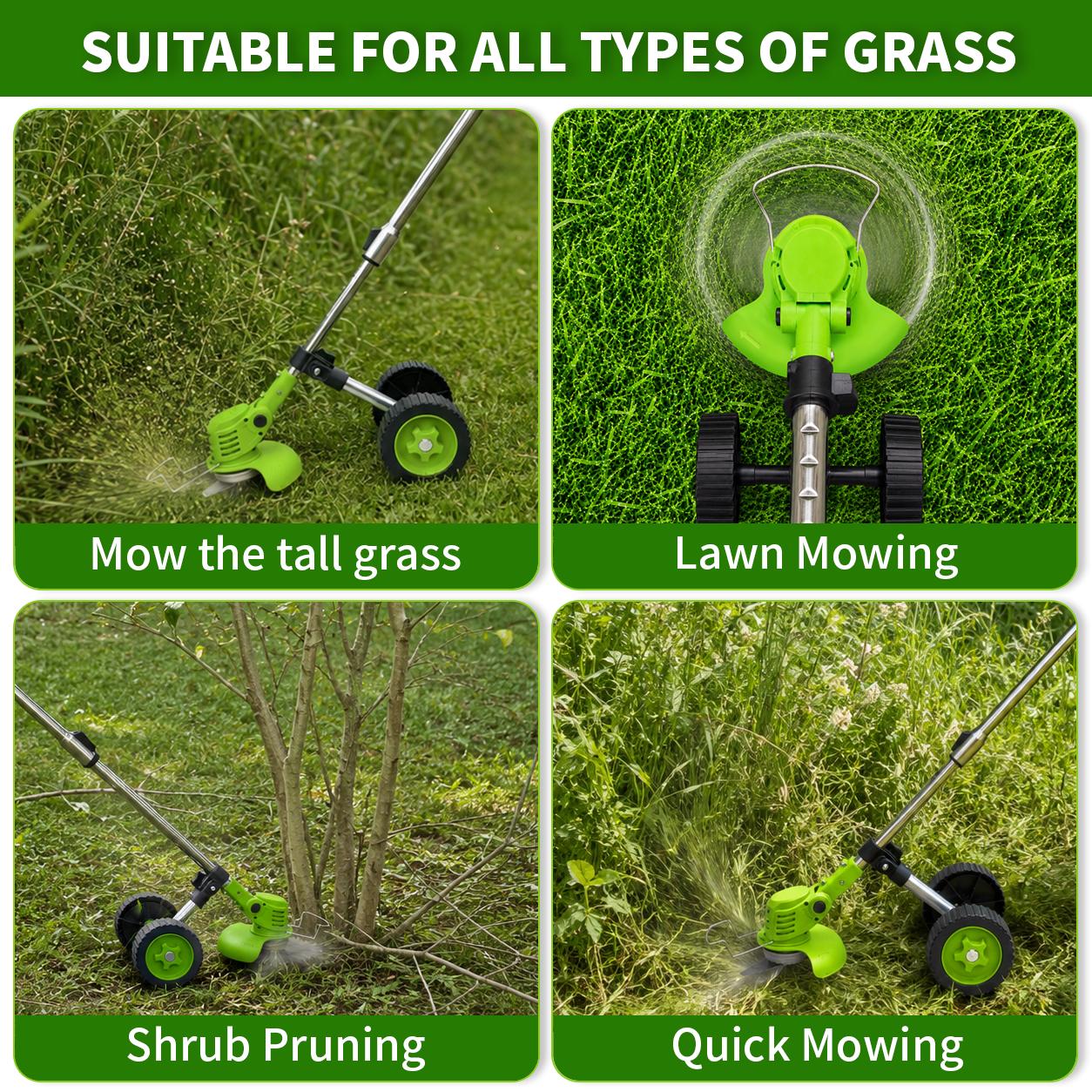21V 3-in-1 Cordless Grass Trimmer - Weed Whacker, Brush Cutter, Women-Friendly Lawn Edger with Lightweight Adjustable Pole, Wheels, Dual Batteries, Multi-Blade System