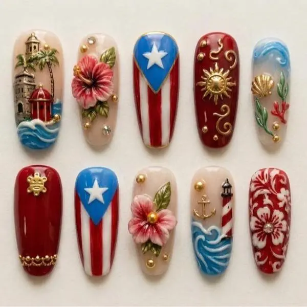Puerto Rico Press On Nails Handmade | 2D Taino Sun & Flag Fake Nails | Tropical Caribbean Art Reusable Gel Press-On Nails Set | Everyday Wear Nail Box