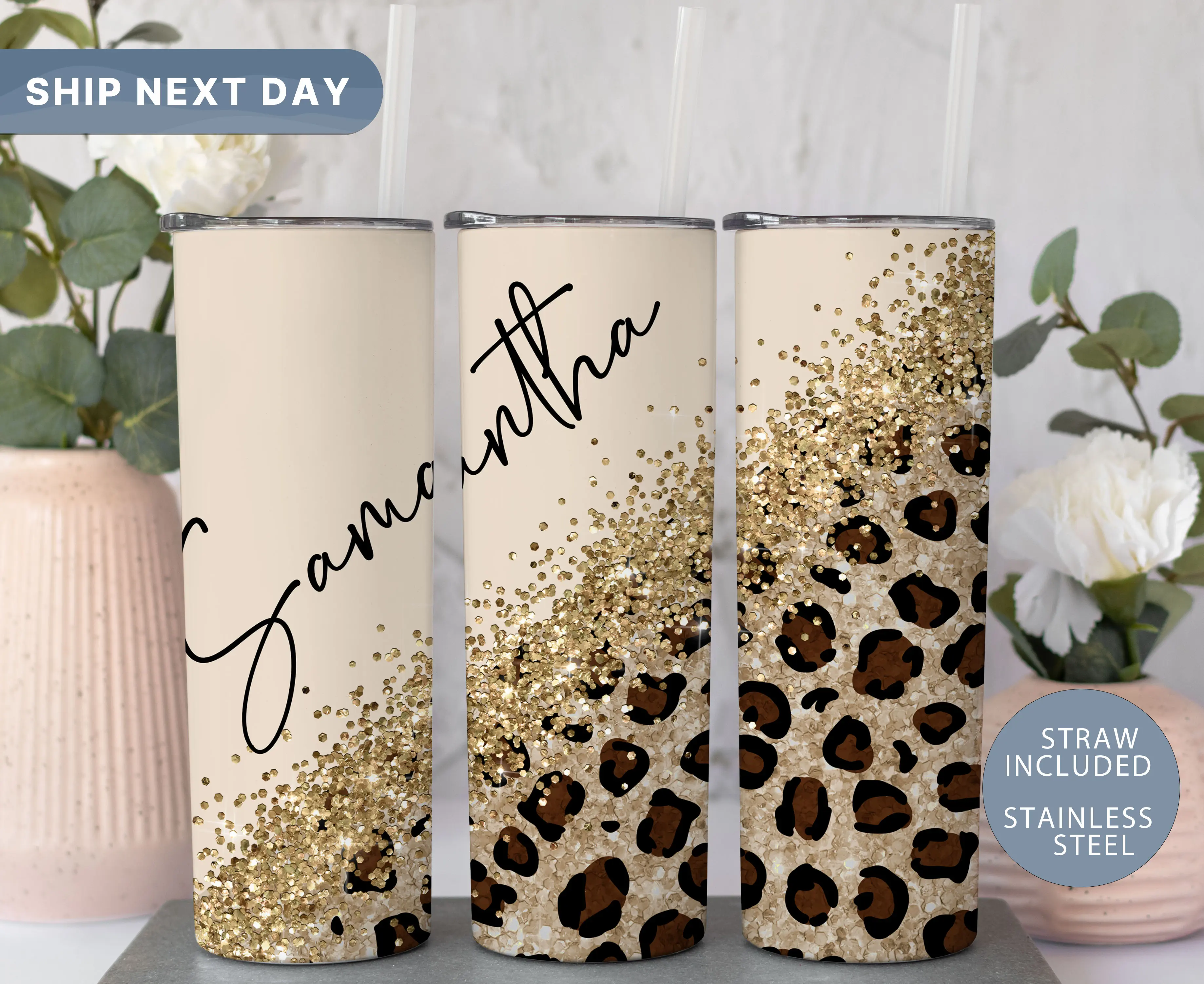 Personalized Glitter Cheetah Tumbler, Custom Name Tumbler, Leopard Tumbler, Glitter Travel Mug, Gifts for Her
