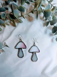 Pale Pink Mushroom Earrings, Handmade Stained Glass Jewelry