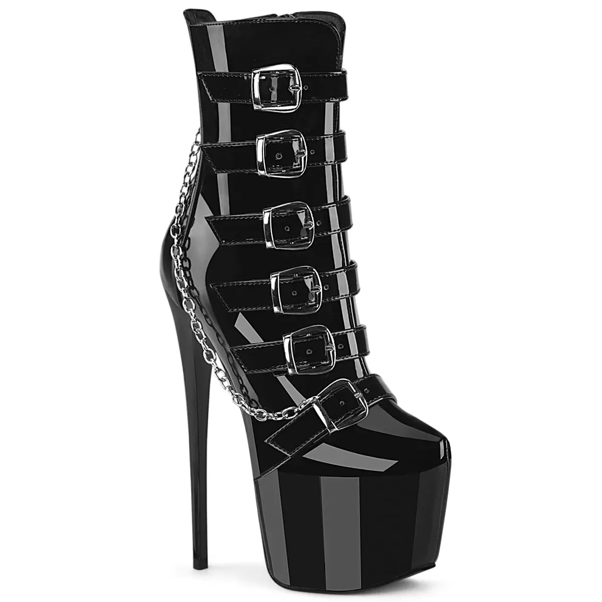 Pleaser Jubilant-1015 Women's Black Patent High Heel Ankle Boots - 7" Stiletto Heel Platform, Buckle Straps, Hanging Chain Detail, Footwear, High Heel Boot
