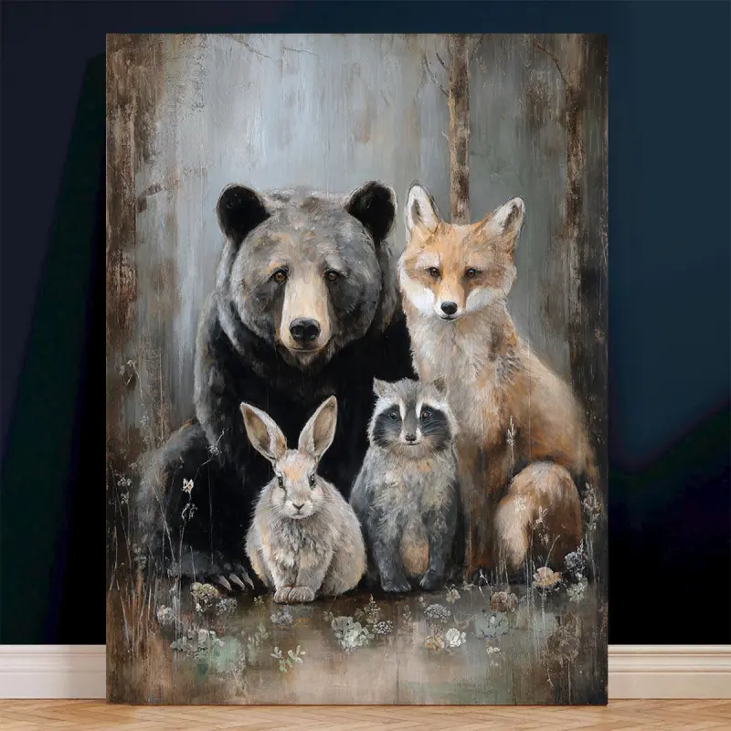 2D Flat Wooden Frame Modern Forest Animal Canvas Wall Art - Spray Painted Bear, Fox, and Raccoon - Decoration, Room, Woodland Theme, Soft Beige/Brown Tone - Easy to Hang Wildlife Art, 2D Flat