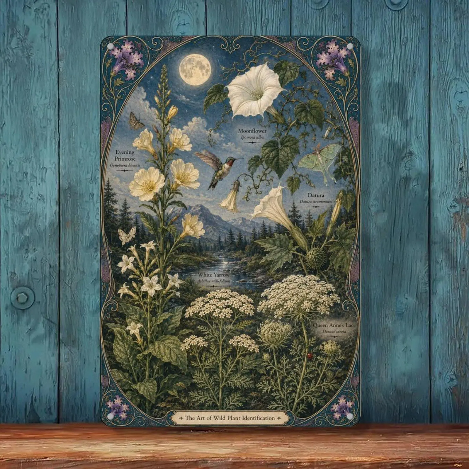 Retro Look Iron Moonflower Hummingbird Wild Botanical Full Moon Mountain Floral Tin Sign Wall Decoration, 8x12 in Home Decor Plaque, Ideal Gifts for Home Supplies Enthusiasts