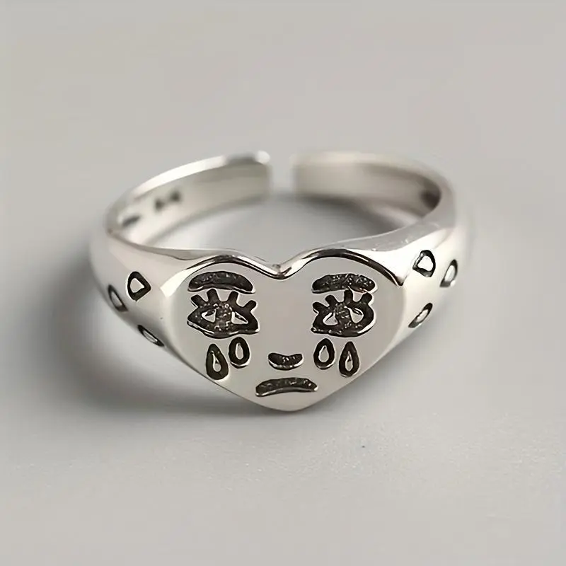 Creative Sad Crying Face Love Heart Ring, Alternative Artistic Ring, Personalized Special Fashion Costume Jewelry Accessory for Dress-Up, Alternative Artistic Rings