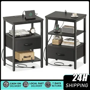 Nightstand with Charging Station, Bed Side Table with Adjustable Fabric Drawer, Night Stand for Bedroom, 3-Tier Storage End Table, for Living Room Bedside table, with built-in USB/ C-type port sockets and adjustable drawers, 3-layer storage rack