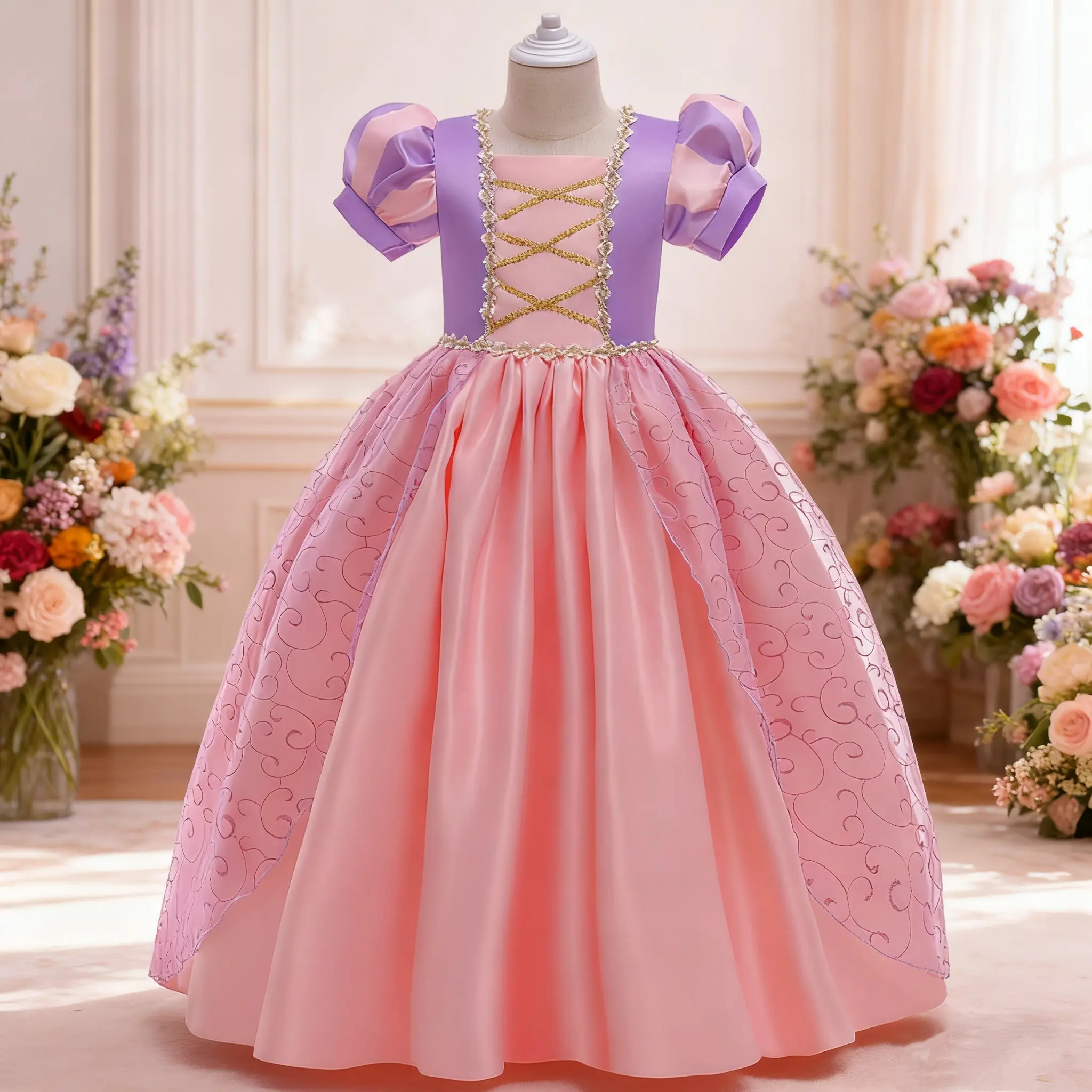 Girls' Princess Tutu Dress 025 - 2-10 Years, 130cm, Short Sleeve, Square Neck, Birthday Party Prom Costume, Short Sleeve Dress, Tutu Costume