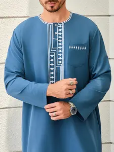 Men's Traditional Middle Eastern Robe, Ethnic Style Geometric Embroidery, Blue Round Neck Long Sleeve with Pockets, Ramadan Festival Clothing, Traditional Arabic Robe