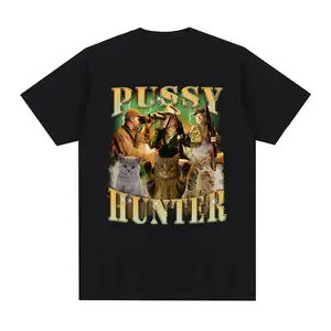 Men's Cotton Short-Sleeve Round Neck T-Shirt - Funny Cat Hunter Bootleg Print, Casual Fashion Tops, Viral Adult Comedy Streetwear, Plants Graphic Menswear