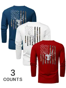 Men's Long Sleeve Round Neck T-Shirt Set, Star Deer Print Design, Casual Outdoor Sportswear, Spring & Fall Fitted Pullover