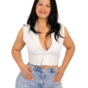 Plus Size White Crop Top with Deep V Neckline and Button Front for Women