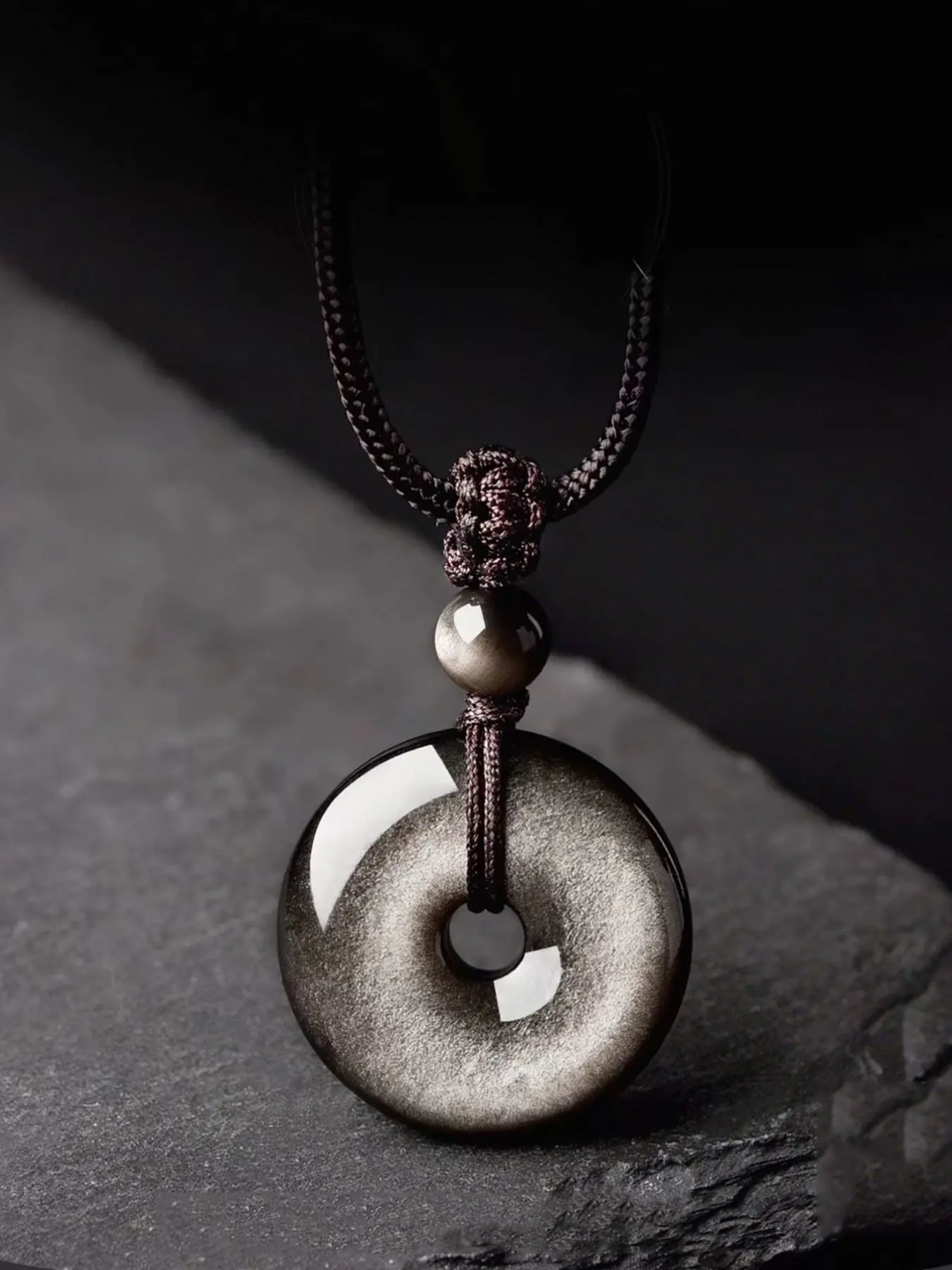 Silver Glow Obsidian Peace Clasp Pendant, Cat Eye Obsidian Donut Charm, Handmade Spiritual Protection Necklace, Witch Crystal Jewelry, Natural Stone Pendant, Crystal Jewelry Gift