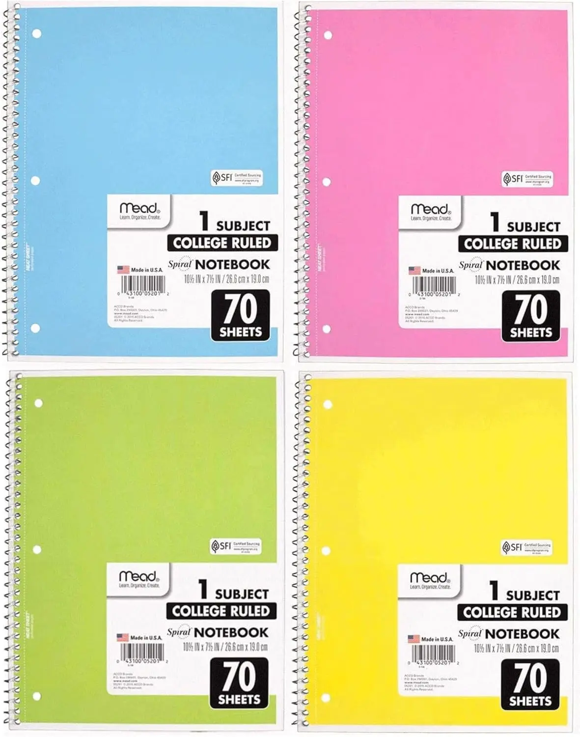 Mead Spiral Notebook 4 Pack of 1-Subject College Ruled, Pastel Color COLOR WILL VARY, Spiral Bound Notebooks, Cute school Notebooks 70 Pages