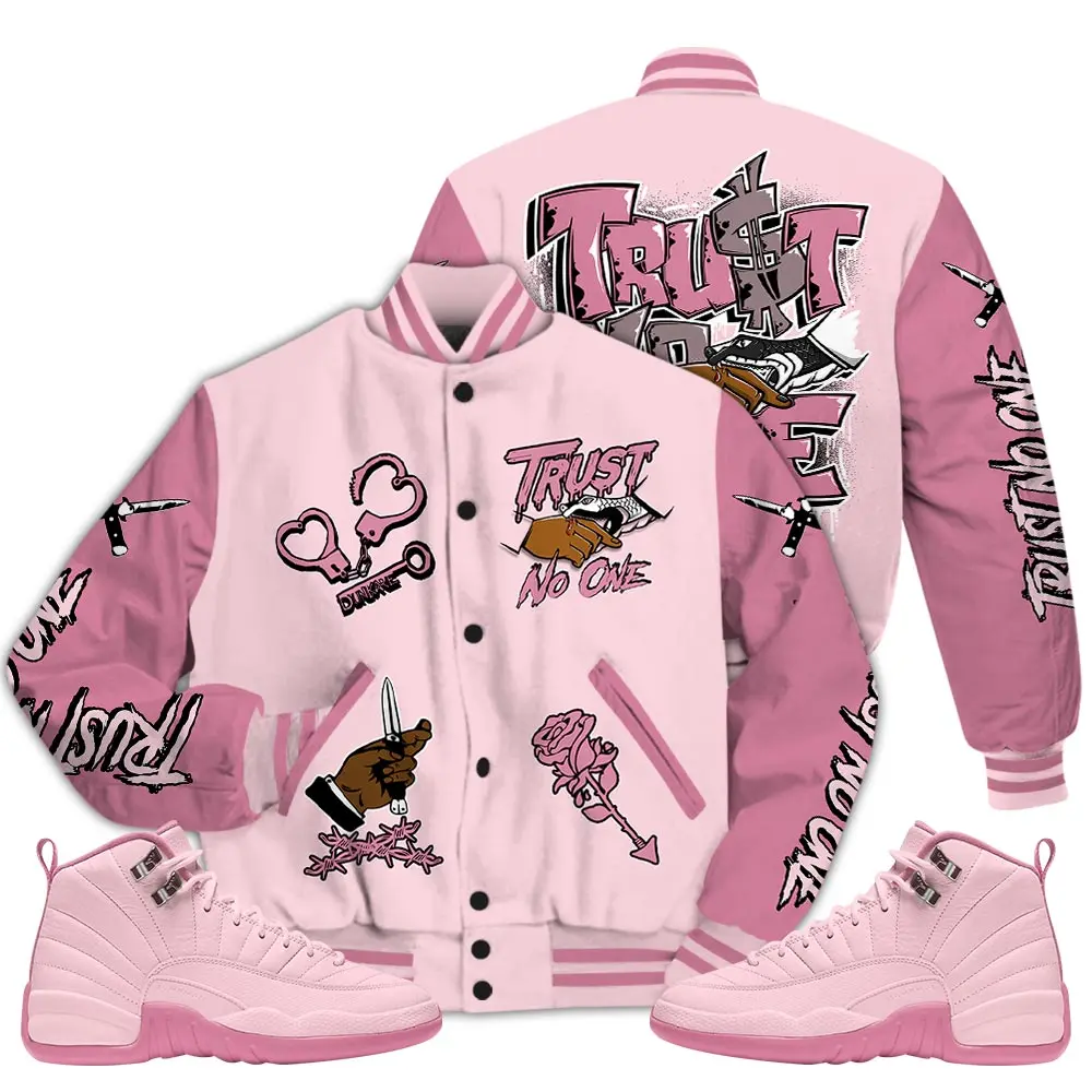 12 Pearl Pink Varsity Jacket, Pearl Pink 12s Letterman Jackets, Trust No One T-Shirt To Match Sneakers Outfit Casual Fabric