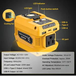 220W Power Converter Compatible with Dewalt 20V Battery, DC 20V to AC 110V Portable Power Station, with 1 AC Outlet, 2 USB Ports, and 1 Type-C Fast Charging, 400LM LED Work Light (Yellow), Suitable for Gift