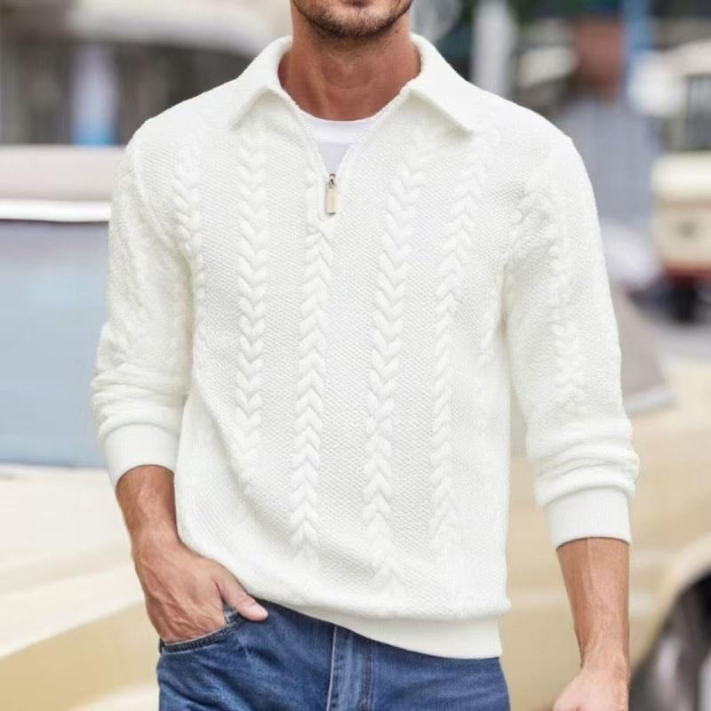 Men's Autumn Winter Cable Knit Long Sleeve Polo Shirt, Suitable for Everyday Wear, Vintage Ribbed Zip-Up High Collar with Quarter-Zip Design, Casual Versatile Fashion Pullover, A Must-Have for Men's Wardrobes