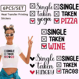2D digital printing technology 6PCS/SET Funny Food & Lifestyle Heat Transfer Stickers - Single Taken Pizza Yoga Wine Dogs Tacos Hungry Design Iron On Transfers for T-Shirts Hoodies Accessories DIY