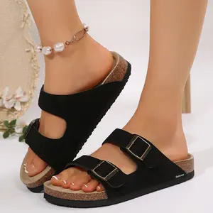 Women's  Flat Sandals with Adjustable Double - Buckle Open Toe Sandals Cork Insole Slides Comfortable Slippers