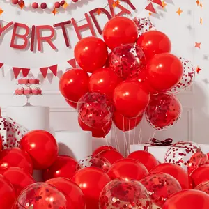 Party Balloons Pack of 42-12in Red Confetti Balloons & Red Latex Balloons and 64ft Ribbons - 12 Inches Balloons Decorations Set