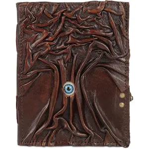Handmade Leather Spellbook Journal with Eye – 8x6 Inch Tree of Shadows Grimoire Notebook for Witchcraft, Halloween, and Fantasy Writing – Unlined Deckle Edge Paper (Spellbound Brown)