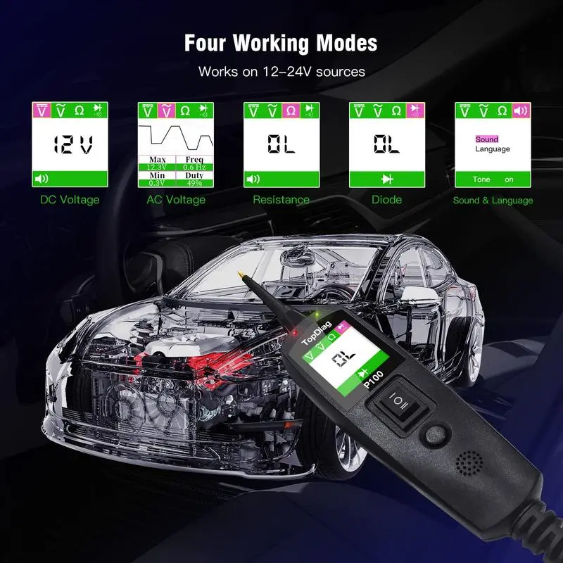 P100 Automotive Circuit Tester Power Circuit Probe Kit Car Voltage/Resistant Tester 12/24V Diagnostic Tool Component overload protection battery test Car Circuit
