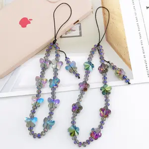 Jewelry New Crystal Butterfly Mobile Phone Lanyard DIY Beaded Stone Gem Butterfly Mobile Phone Chain Wrist Strap