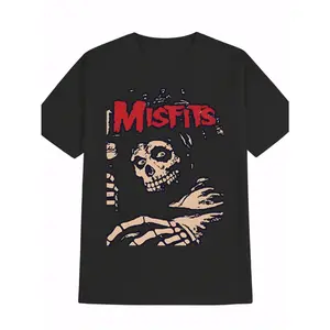 Men'S Vintage Misfits Graphic T-Shirt, Casual Crew Neck, 100% cotton Knit Fabric, Slight Stretch, Summer Short Sleeve Tee, Y2K Anime Horror Dark Humor Band Theme, Regular Fit, sm - Black